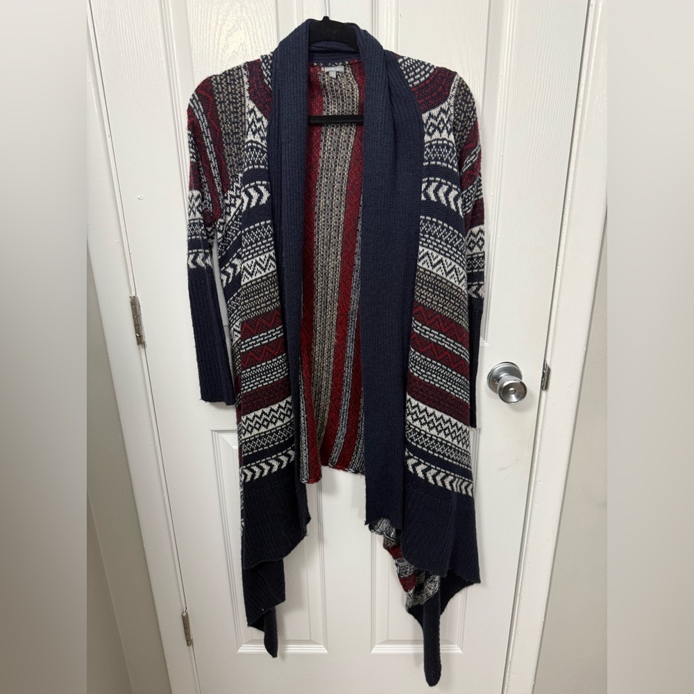 Patterned Knit Cardigan with Red and Navy Accents